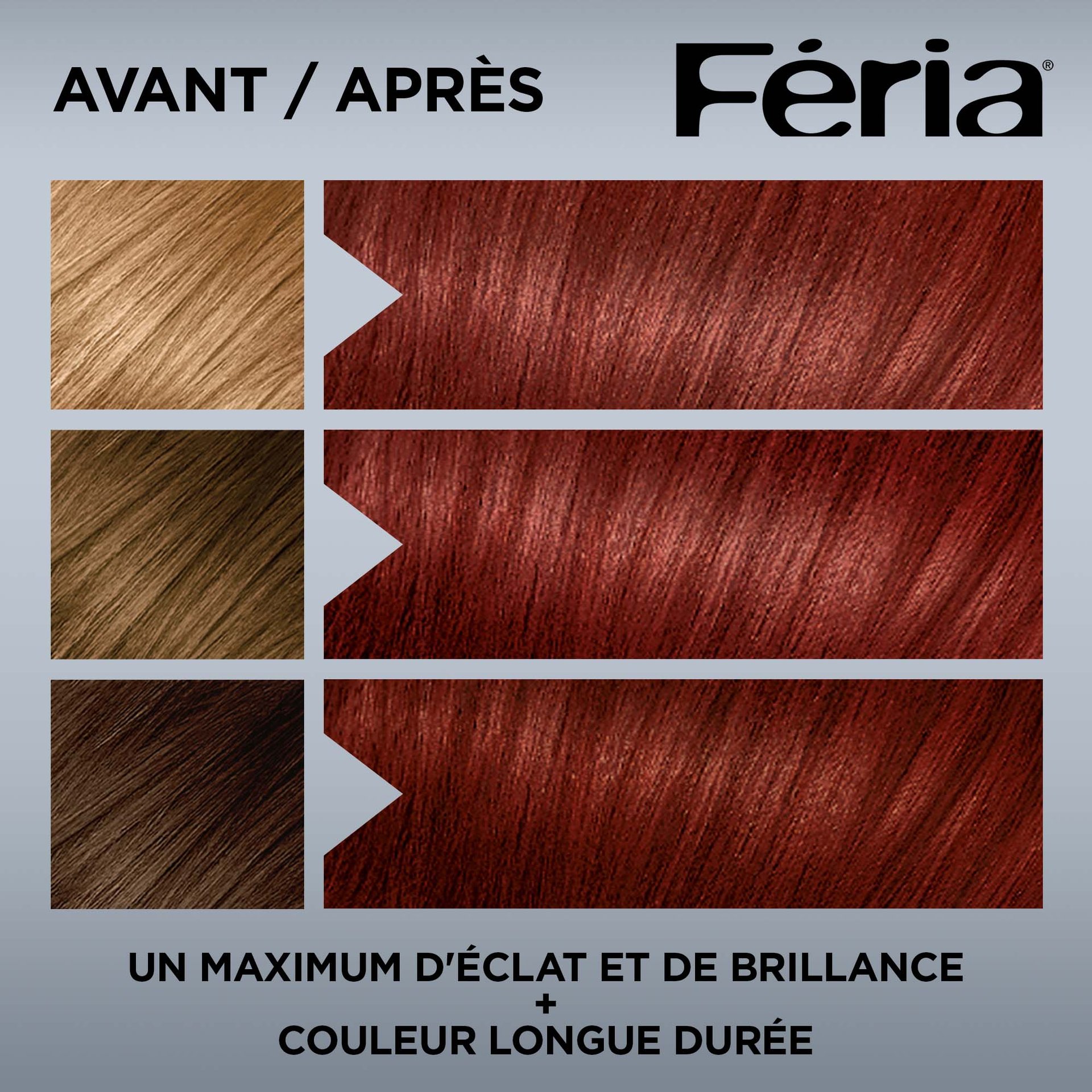 Avant et après la coloration Feria R68 Riche Acajou Rouge Véritable